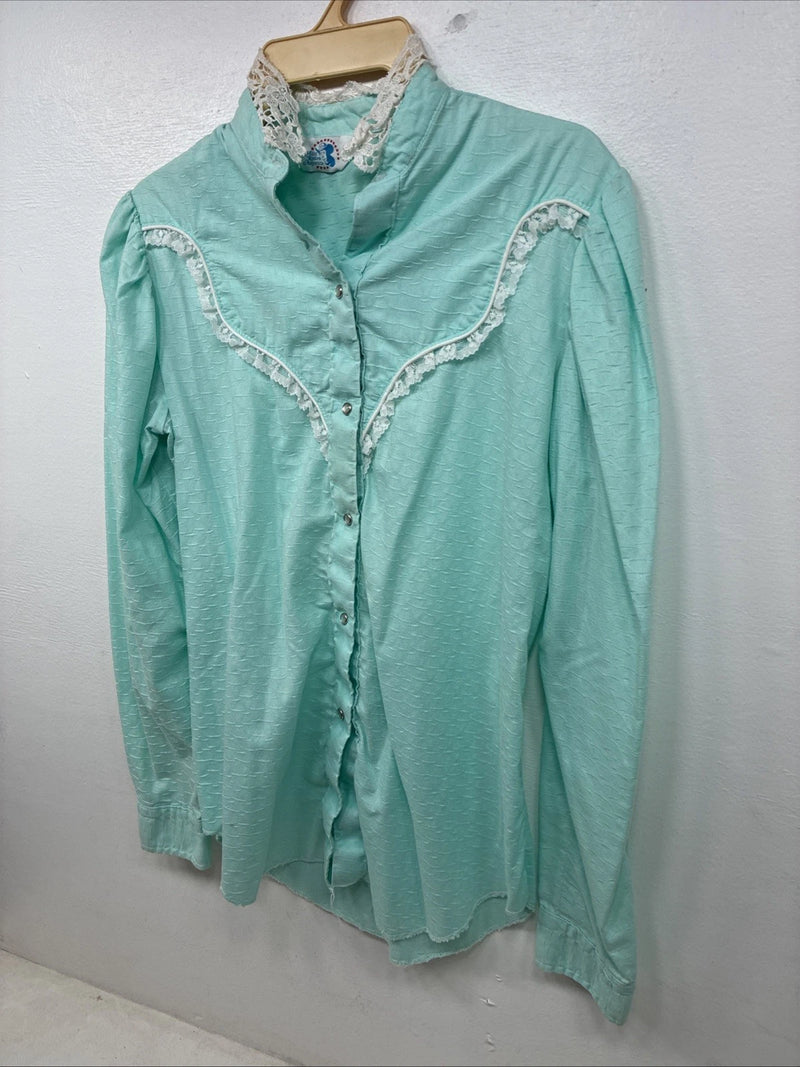 New Women’s Miss Rodeo Blue Design Long Sleeve Pearl Snap Size 10 TT-97