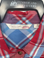 New Women’s Cumberland Red Blue Plaid Short Sleeve Button Up Medium GG-4