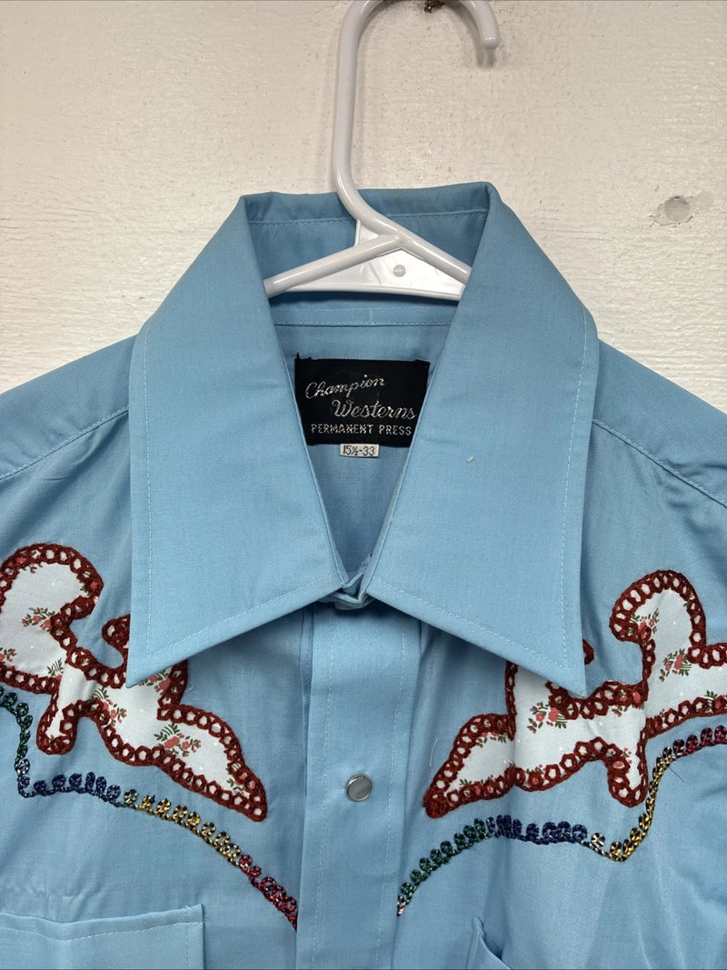New Women’s Champion Western Blue Design Long Sleeve Pearl Snap 15.5 MM-24