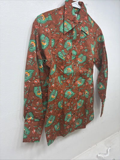 New Women’s Tem Tex Orange Floral Long Sleeve Pearl Snap Size 30 MM-105