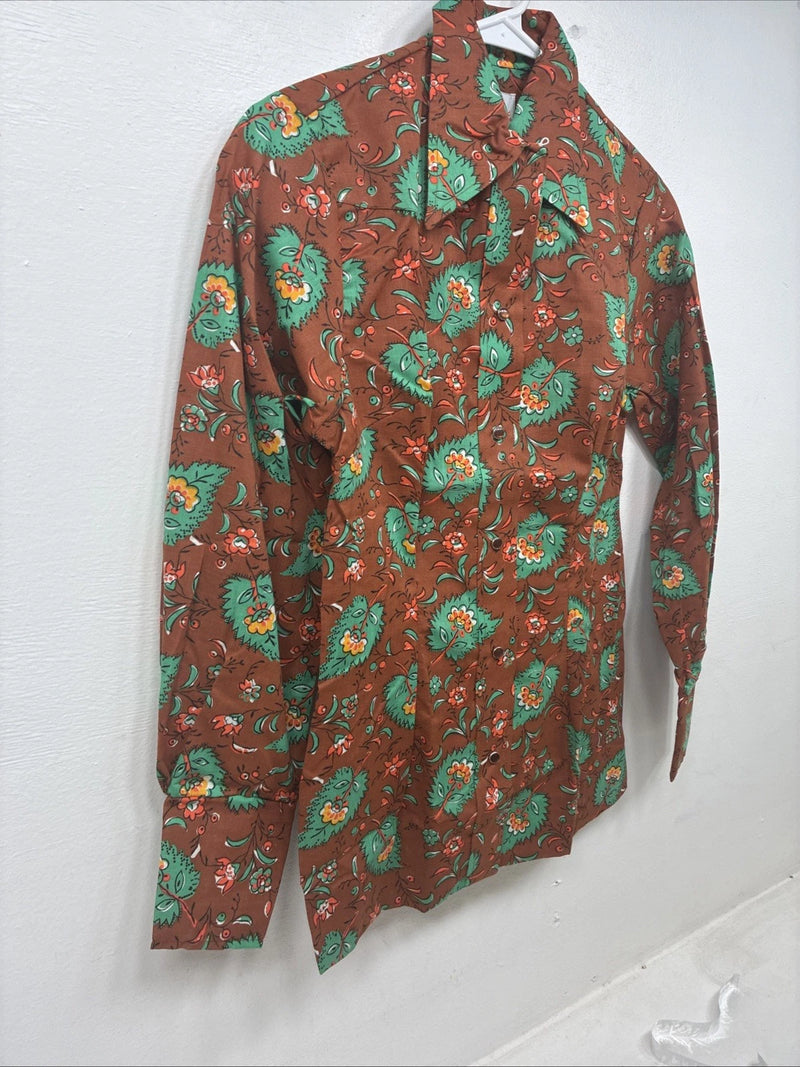 New Women’s Tem Tex Orange Floral Long Sleeve Pearl Snap Size 30 MM-105