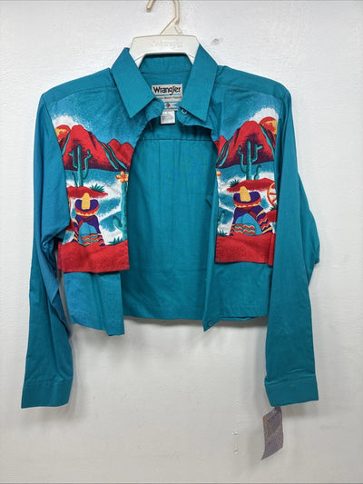 New Women’s Wrangler Teal Design Long Sleeve Button Up Small TT-18
