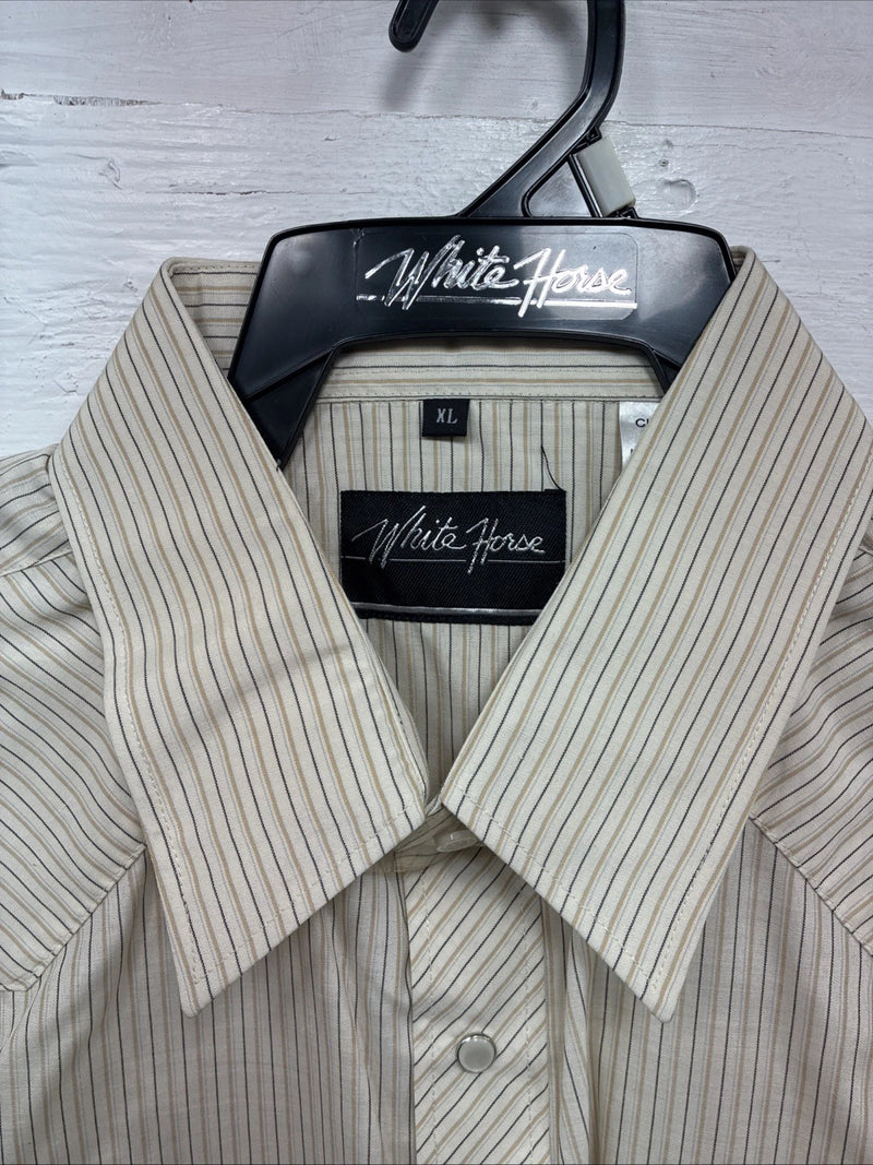New Men’s White Horse Tan Stripe Short Sleeve Pearl Snap XL R-43