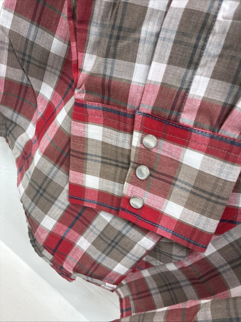 New Men’s ELY Plains Red Brown Plaid Long Sleeve Pearl Snap 16.5 Large M-66