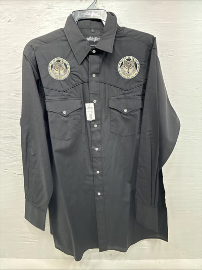 New Men’s White Horse Black Embroidered Long Sleeve Pearl Snap Large V-33