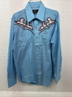 New Men’s Champion Western Blue Embroidered Long Sleeve Pearl Snap 16 Large Q-90