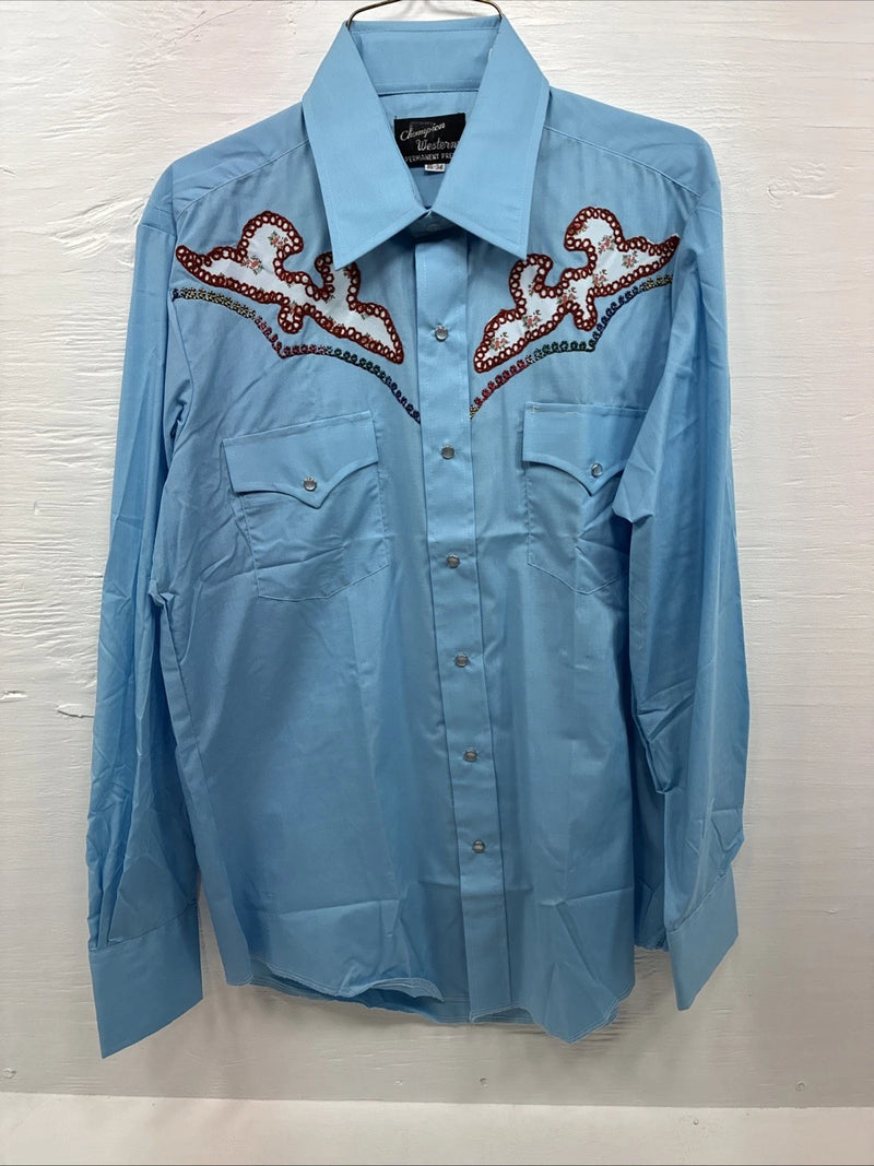 New Men’s Champion Western Blue Embroidered Long Sleeve Pearl Snap 16 Large Q-90