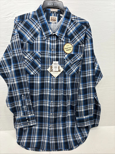 New Men’s ELY Cattleman Blue Flannel Long Sleeve Pearl Snap 4XL E-89