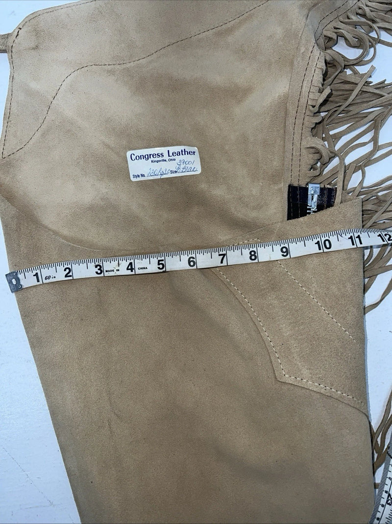 New Tan Congress Leather Show Chaps With Fringe Adjustable Waist 44” L-51