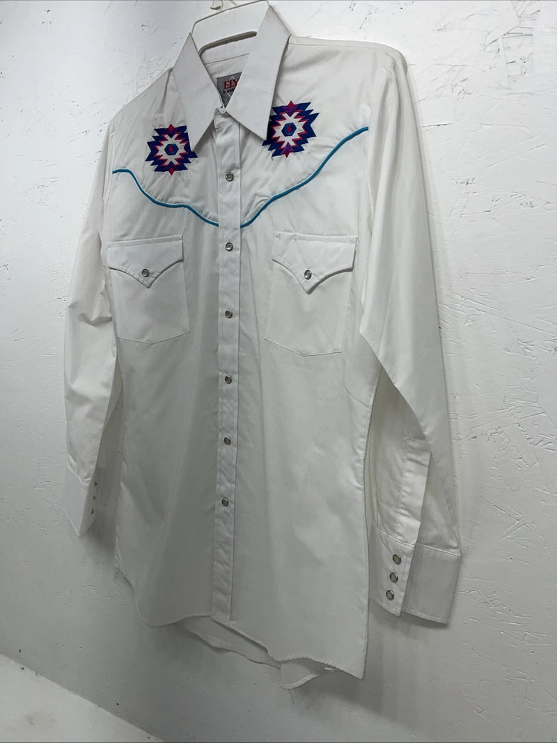 New Men’s ELY Diamond White Long Sleeve Pearl Snap Small A-203
