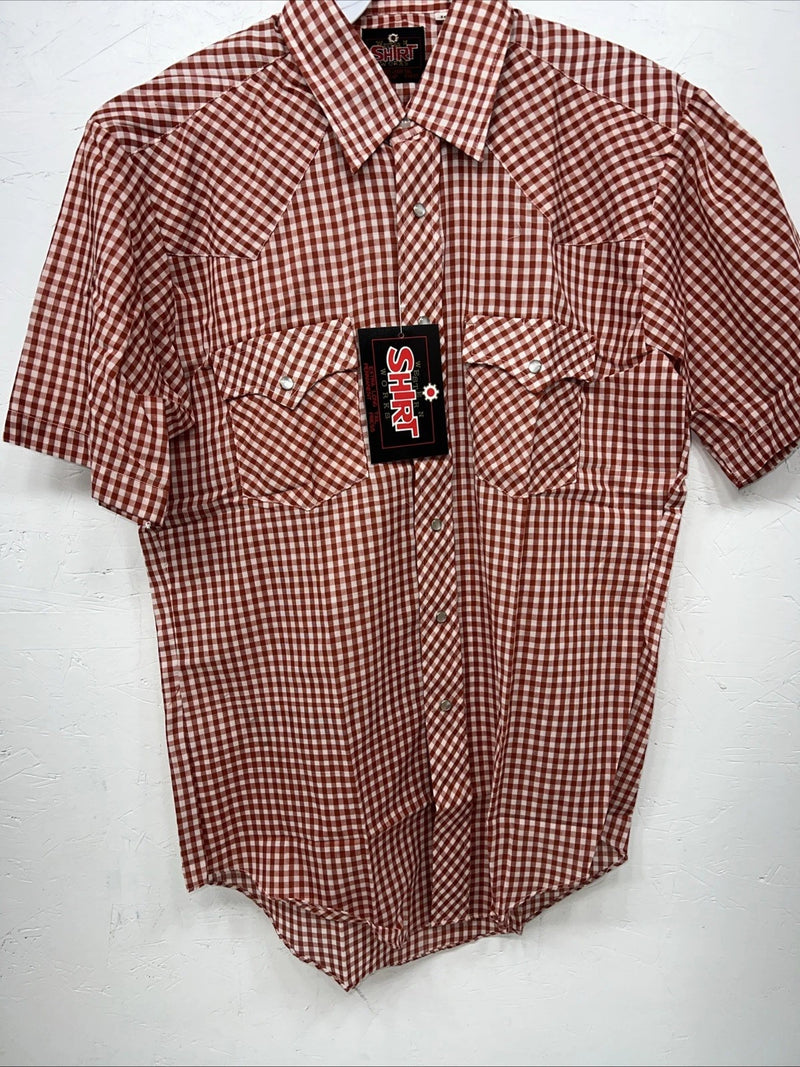 New Men’s Red Plaid Western Shirt Works Short Sleeve Button Up Shirt 15.5 M S-40