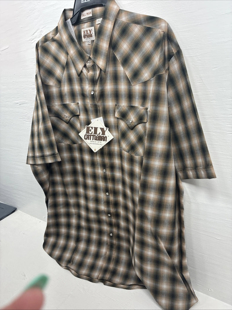 New Men’s ELY Cattleman Yellow Flannel Short Sleeve Pearl Snap 4XL F-51