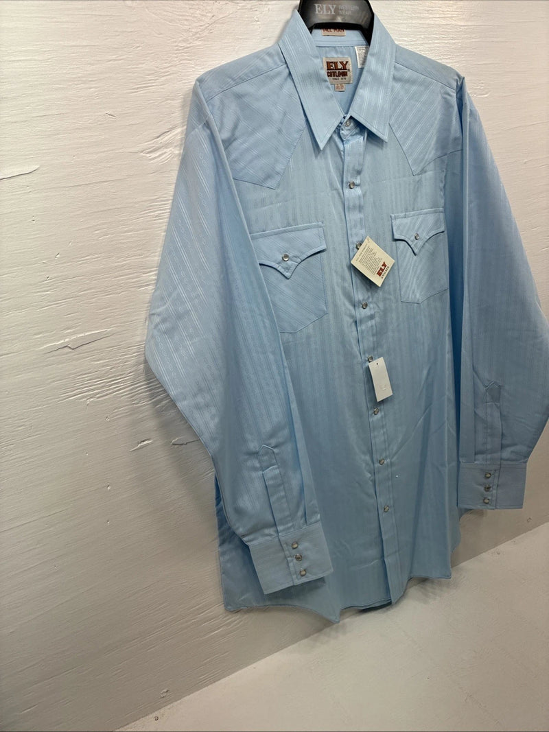 New Men’s ELY Cattleman Blue Stripe Design Long Sleeve Pearl Snap 17.5 XL O-37