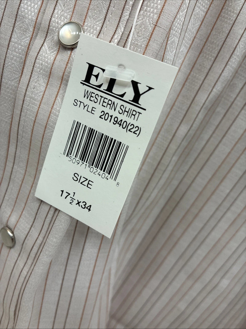 New Men’s ELY Cattleman Pink Stripe Long Sleeve Pearl Snap 17.5 X 34 XL T-31