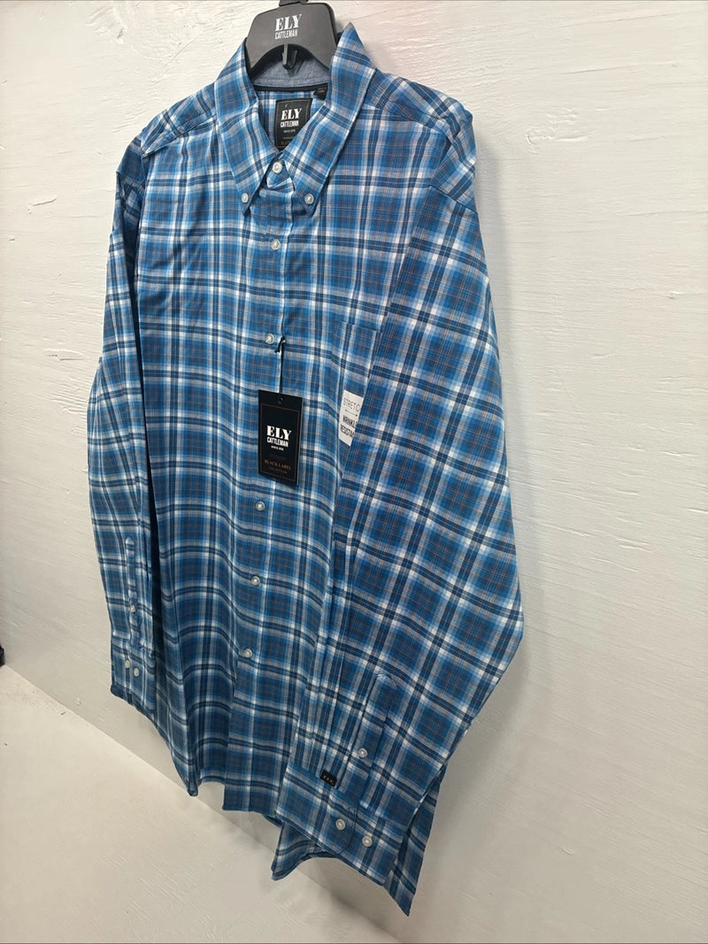 New Men’s ELY Cattleman Blue Yellow Plaid Long Sleeve Button Up XL R-53