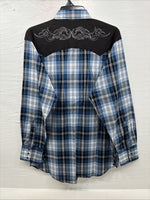 New Men’s ELY Cattleman Blue Black Flannel Long Sleeve Pearl Snap XL  H-64