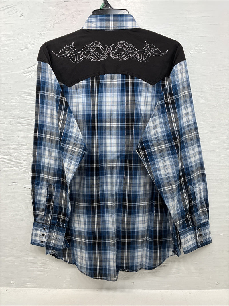 New Men’s ELY Cattleman Blue Black Flannel Long Sleeve Pearl Snap XL  H-64