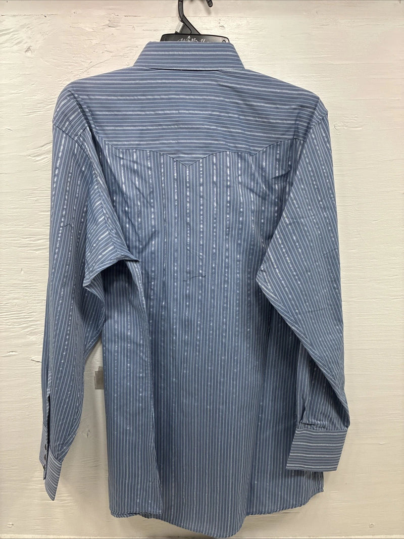 New Men’s White Horse Blue Designed Long Sleeve Pearl Snap Large CC-32