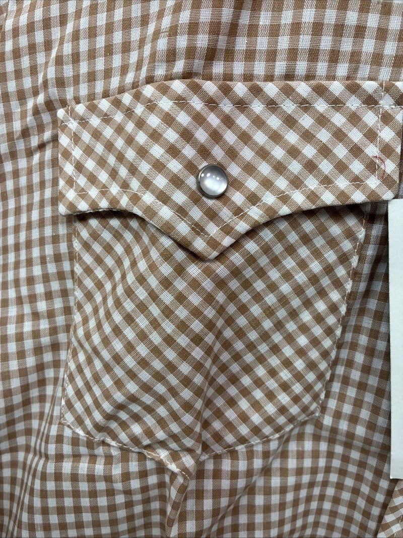 New Mems Western Shirt Brown Checkered Short Sleeve Pearl Snap Small AA-103
