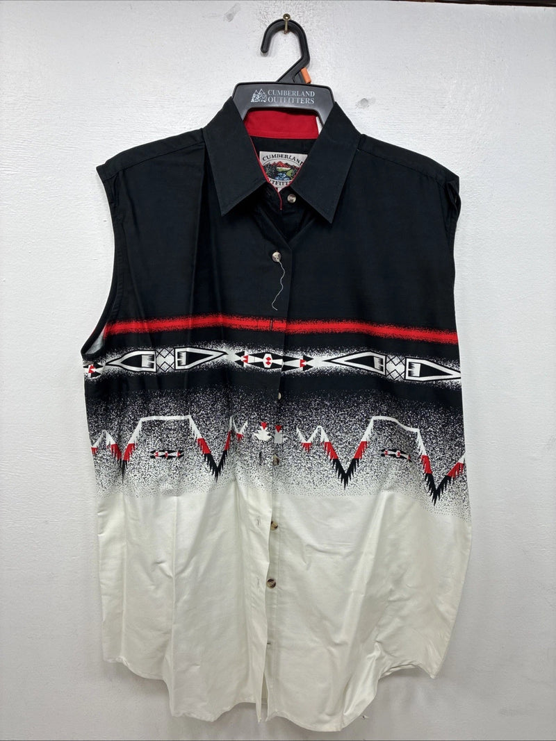 New Women’s Cumberland Black White Design Short Sleeve Button Up Medium MM-113