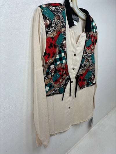 New Women’s Rough rider Multi Design Long Sleeve Button Up Large TT-11