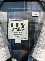New Emma ELY Cattleman Blue Gray Plaid Long Sleeve Pearl Snap Large AA-16