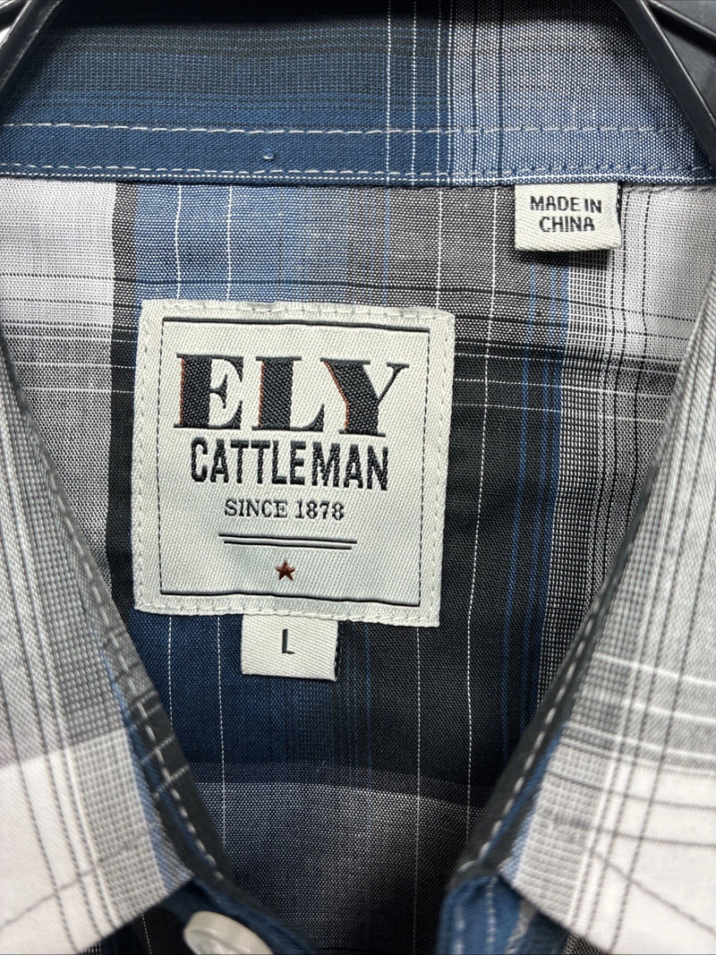 New Emma ELY Cattleman Blue Gray Plaid Long Sleeve Pearl Snap Large AA-16
