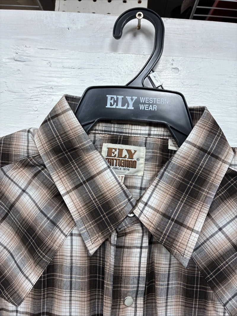 New Men’s ELY Cattleman Brown Plaid Long Sleeve Pearl Snap XL O-42