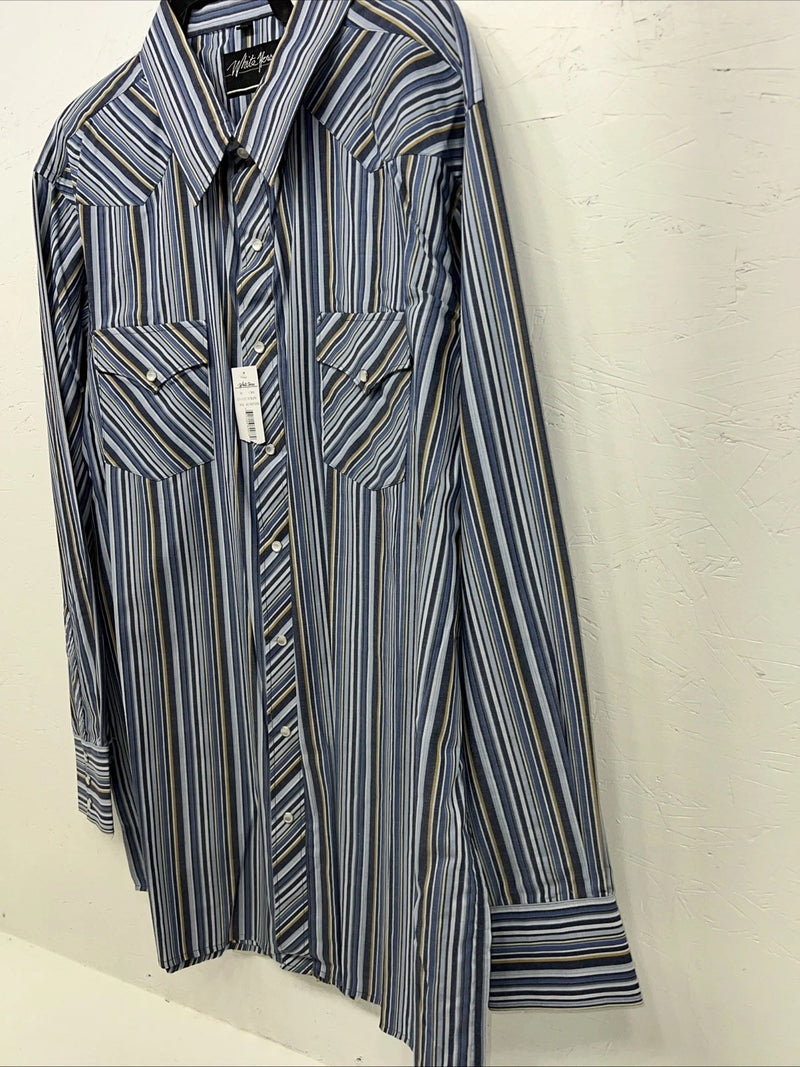 New Men’s Blue Stripped White House Pearl Snap Long Sleeve Shirt. XXL G-64