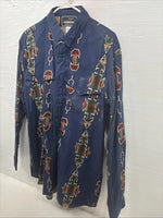 New Men’s GunSmoke Blue Western Design Long Sleeve Button Up Large AA-42