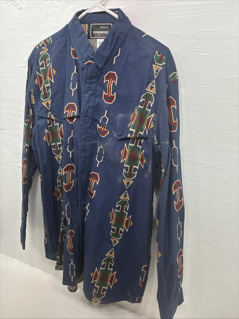 New Men’s GunSmoke Blue Western Design Long Sleeve Button Up Large AA-42