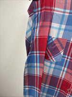 New Women’s Cumberland Red Blue Plaid short Sleeve Button Up Medium LL-51