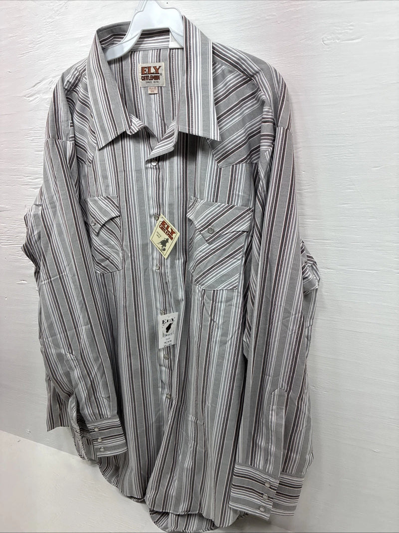 New Men’s ELY Cattleman Gray Stripe Long Sleeve Pearl Snap 18.5 X 35 2XL F-75