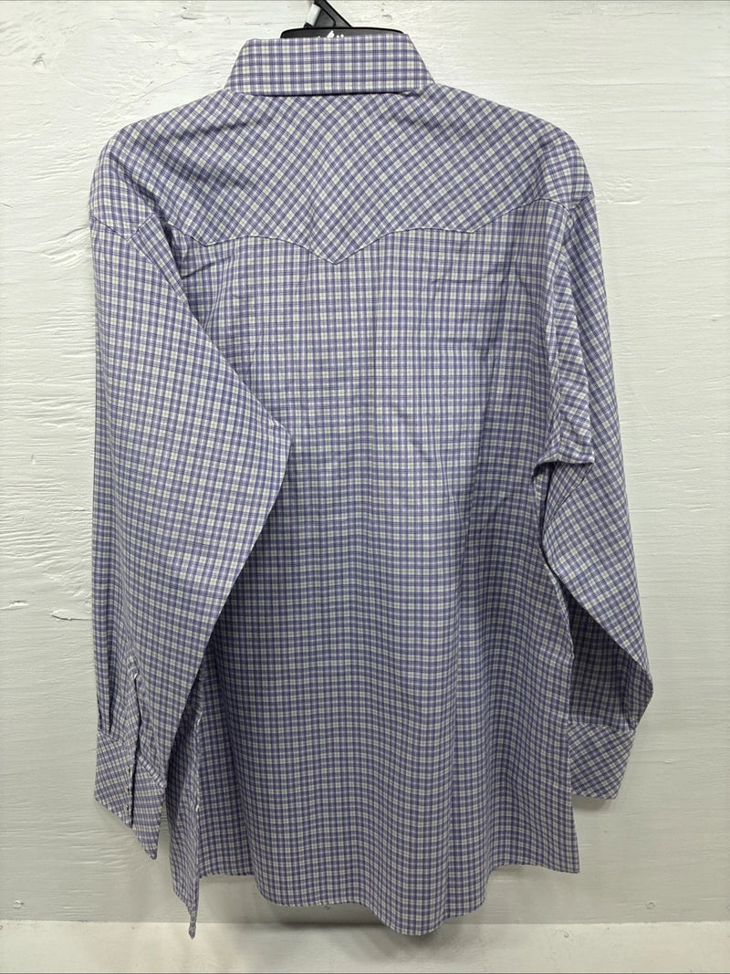 New Men’s White Horse Purple Plaid Long Sleeve Pearl Snap XL M-70