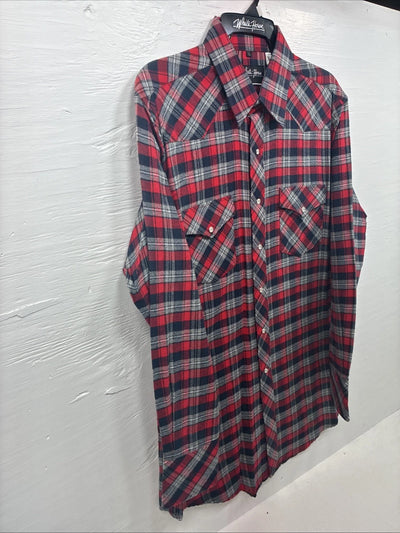 New Men’s White Horse Red Gray Plaid Long Sleeve Pearl Snap Large V-97