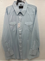 New Men’s White Horse Baby Blue Stripe Long Sleeve Pearl Snap 2XL H-49
