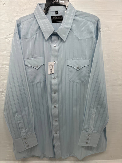 New Men’s White Horse Baby Blue Stripe Long Sleeve Pearl Snap 2XL H-49