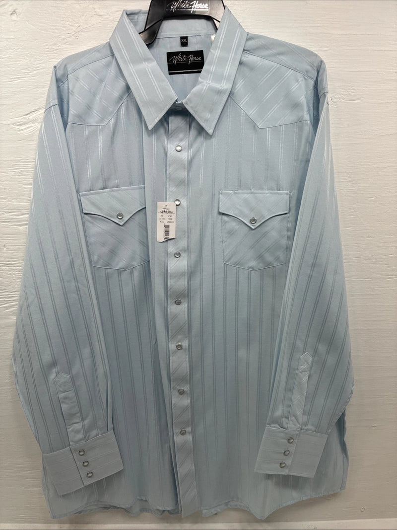 New Men’s White Horse Baby Blue Stripe Long Sleeve Pearl Snap 2XL H-49