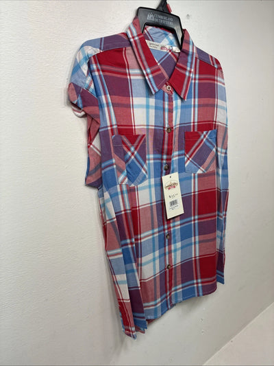New Women’s Cumberland Red Blue Plaid Short Sleeve Button Up Small DD-106
