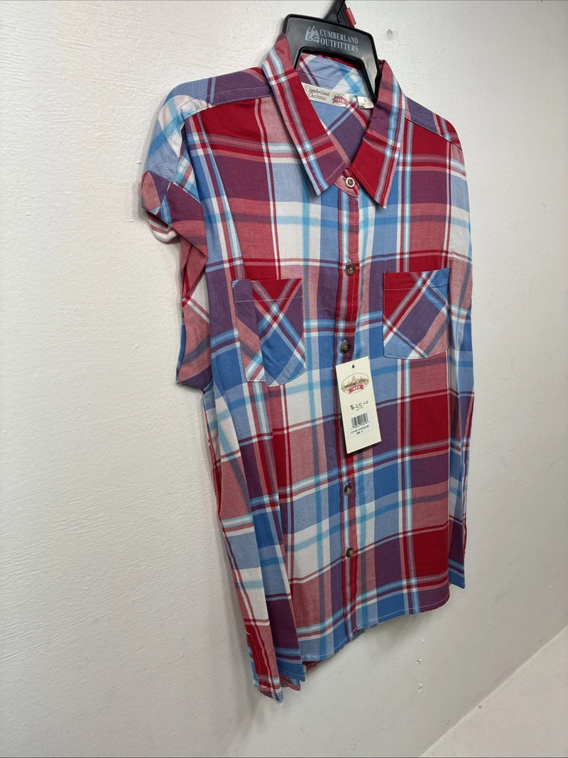 New Women’s Cumberland Red Blue Plaid Short Sleeve Button Up Small DD-106