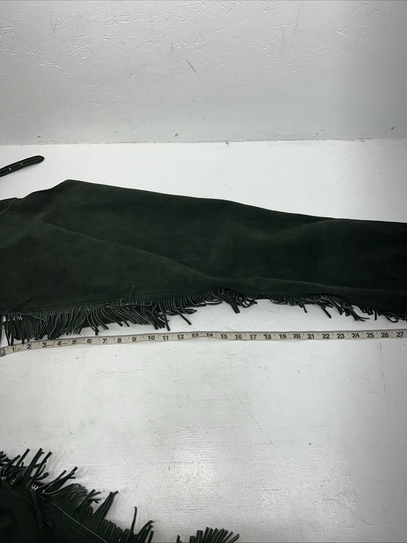 New Green Congress Leather Show Chaps With Fringe Adjustable Waist 51” N-26