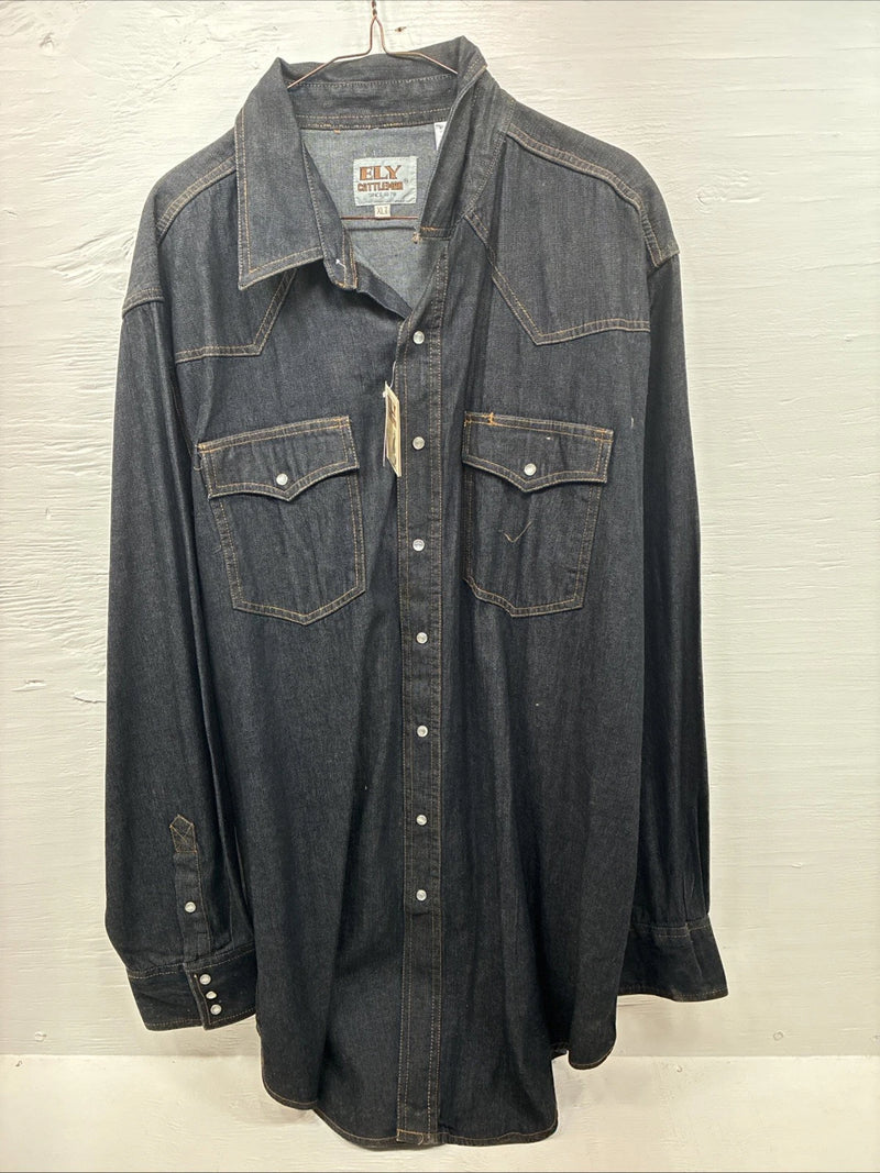 New Men’s ELY Cattleman Dark Wash Jean Long Sleeve Pearl Snap XL Q-44