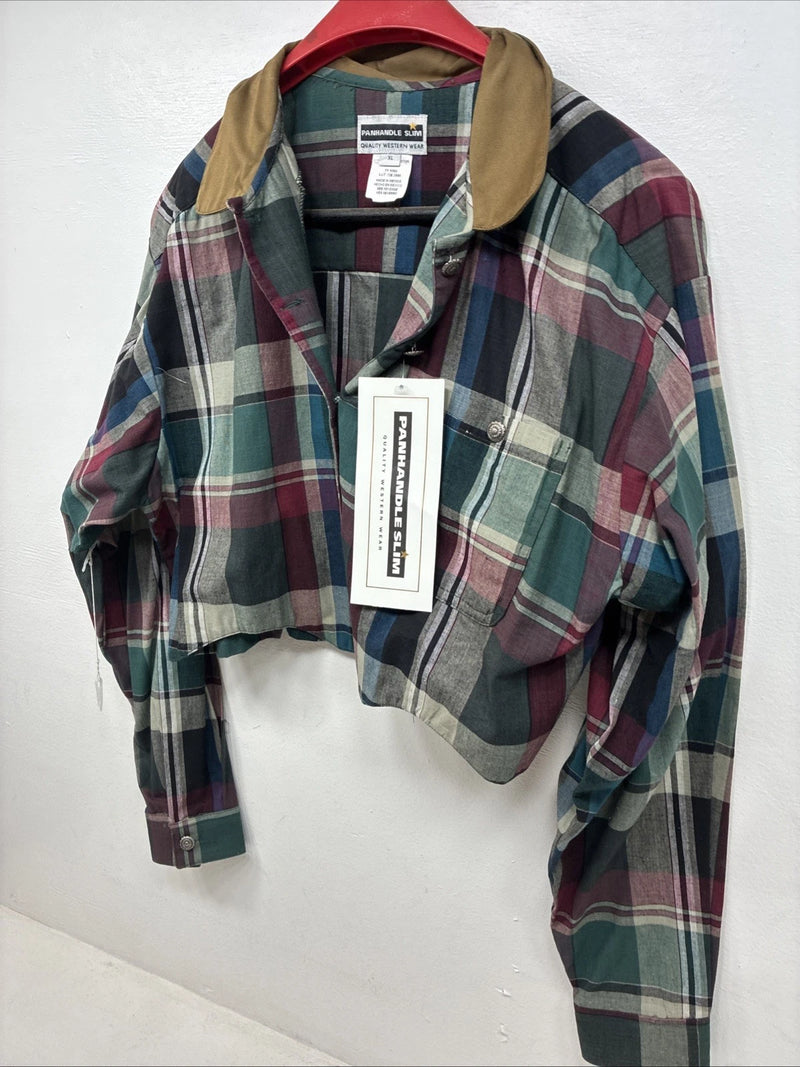 New Women’s Panhandle Slim Plaid Long Sleeve Button Up Crop Top XL MM-115