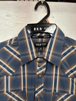 New Men’s ELY 1878 Blue Brown Plaid Long Sleeve Pearl Snap Medium J-89