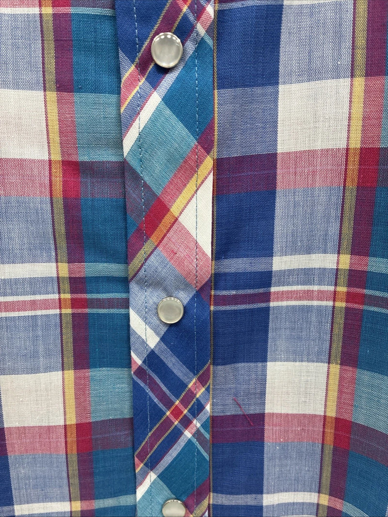 New Men’s ELY Cattleman Blue Plaid Short Sleeve Pearl Snap Medium AA-116 