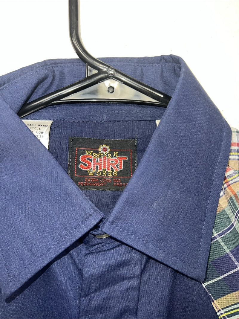 New Men’s Western Short Works Blue Long Sleeve Pearl Snap 14.5 X 33 Small A-197