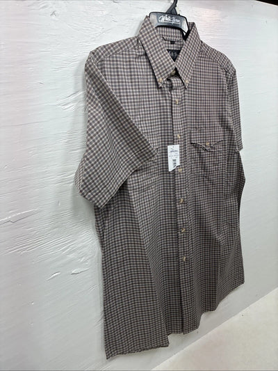 New Men’s White Horse brown Plaid Short Sleeve Pearl Snap Large CC-34