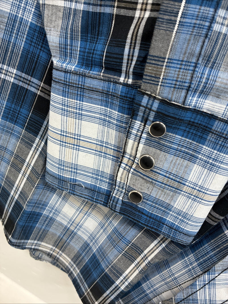 New Men’s ELY Cattleman Blue Black Flannel Long Sleeve Pearl Snap XL  H-64
