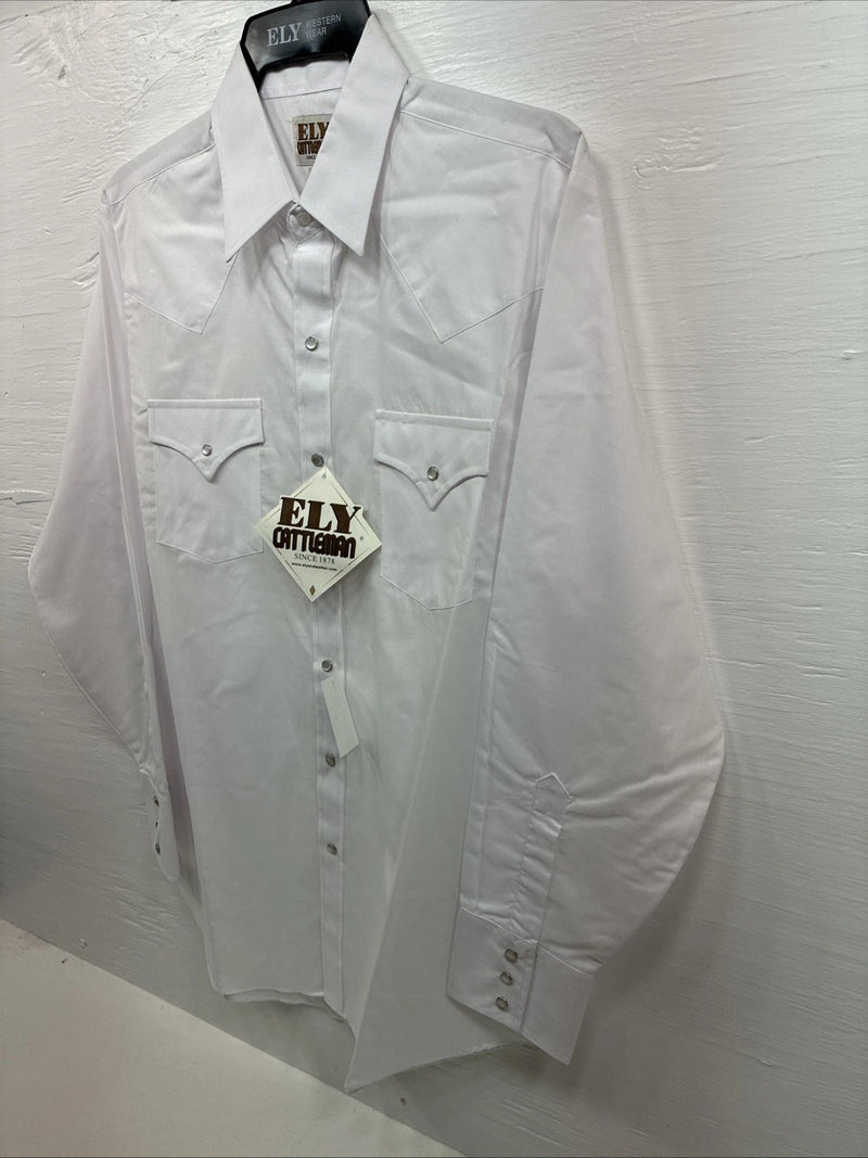 New Men’s ELY Cattleman Western White Long Sleeve Pearl Snap 16 Large V-48