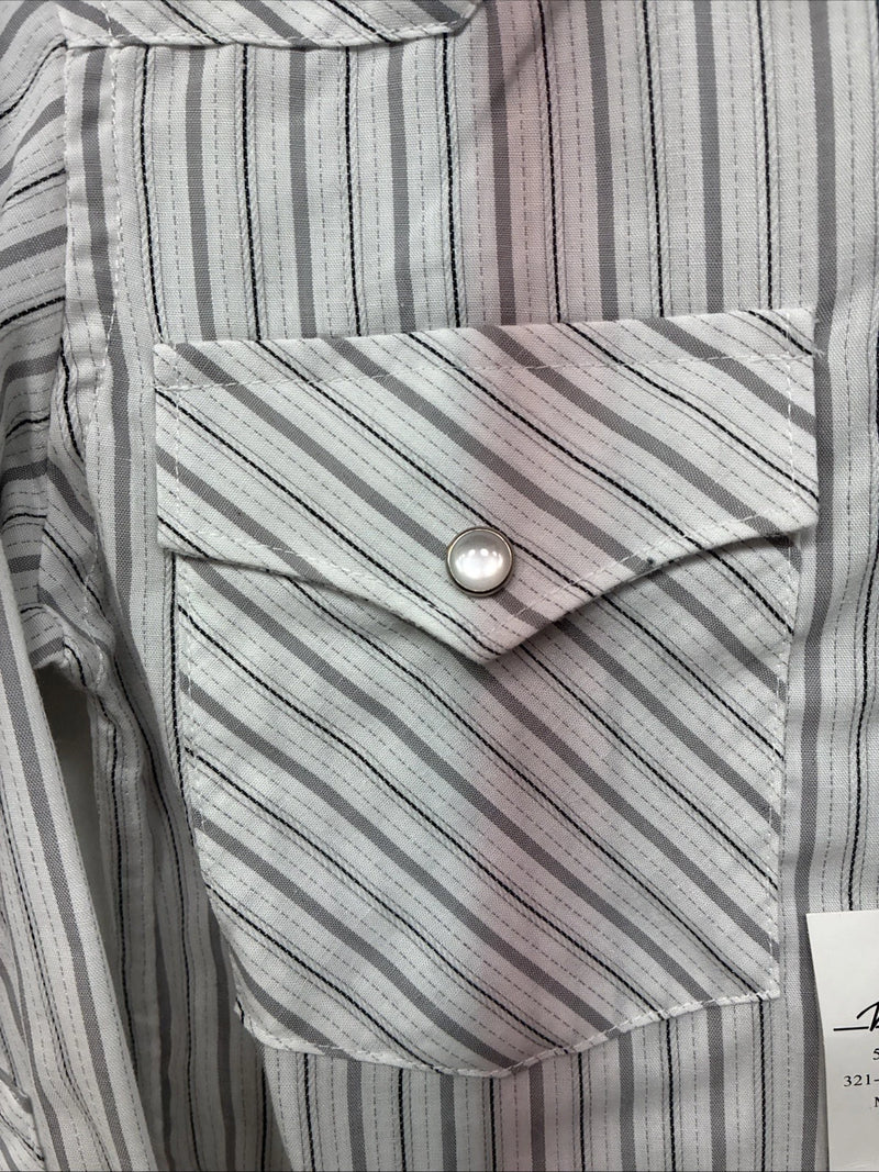 New Boys White Horse Gray Stripe Long Sleeve Pearl Snap Medium DD-118